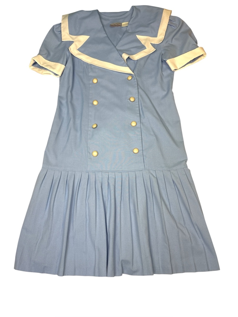 Penbrooke Lane Women Medium Large Vintage Dress Blue White Pleated Sailor 1980s